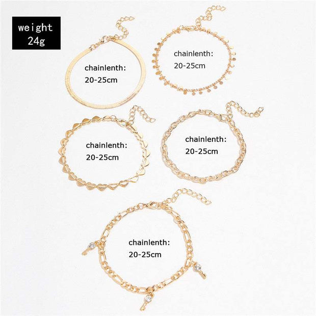 5 Pcs Women Fashion Gold Color Heart Crystal Key Anklets For Women Tre
 Overview:
 


 Adopt alloy plating, not easy to fade.
 
 Multiple wears, more luxurious with texture.
 
 Each one has a different design to add to your outfit.


 ASAAS Merch DesignDesigns by SAAS5 Pcs Women Fashion Gold Color Heart Crystal Key Anklets