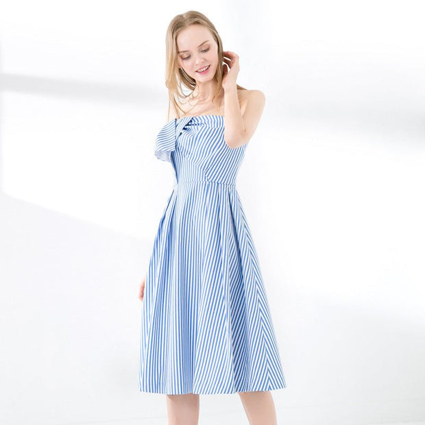 Blue And White Striped Mid-length Bow-knot Tube Top Dress
 Product information:
 
 Material: Cotton
 
 Style: Simple
 
 Features: splicing
 
 Colour: Picture color
 
 
 Size Information:
 
 Size: XS/S/M/L
 
 
 
 Note:


 
0Designs by SAASDesigns by SAASBlue