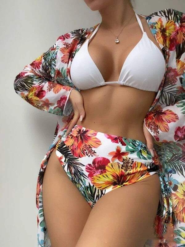 Blooming Escape: Floral Fantasy High-Waisted Bikini with Sheer Robe