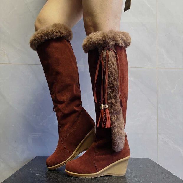 Winter Plush Long Boots For Women Combat Boots Wedges Shoes