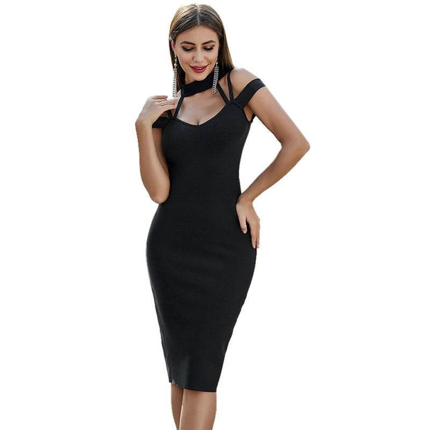 Black bandage dress dress
 pattern: plain
 
 Process: collage/splicing
 
 Style: Strap
 
 Combination form: single piece
 
 Skirt type: one-step skirt
 
 Waist type: Elastic waist
 
 Fabric 0Designs by SAASDesigns by SAASBlack bandage dress dress
