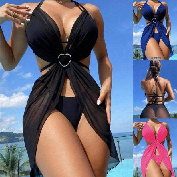 Glamorous Getaway: Bejeweled Cut-Out Monokini with Flowing Sarong Detail