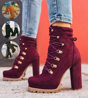 Heeled Boots For Women Round Toe Lace UP High Heels Boots Mid Calf ShoQSAAS Merch Design