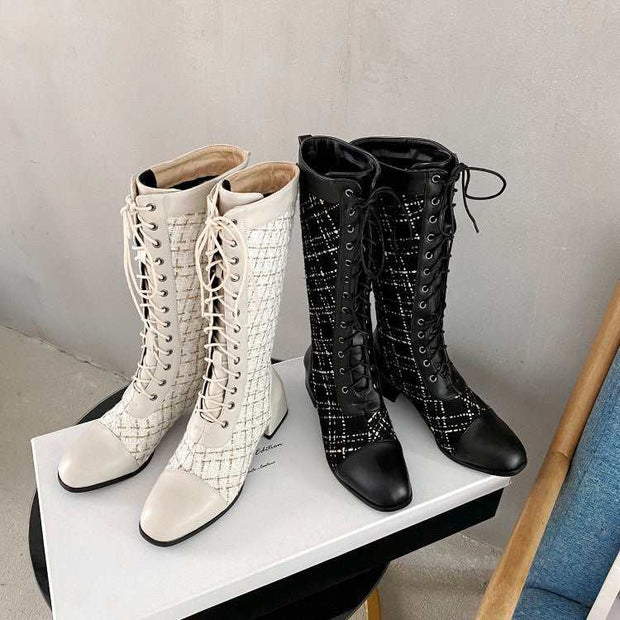 Spliced Lace-up High Boots For Women