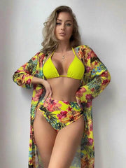 Blooming Escape: Floral Fantasy High-Waisted Bikini with Sheer Robe