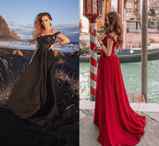 Women's Off-shoulder Shoulder-baring Long Prom Dress Slit Lace
 Product information:
 
 Applicable scenario: party
 
 Color: red, blue, color card 1, color card 2, color card 3
 
 Sleeve type: regular sleeve
 
 Main fabric comp0Designs by SAASDesigns by SAASWomen'