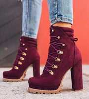 Heeled Boots For Women Round Toe Lace UP High Heels Boots Mid Calf ShoQSAAS Merch Design