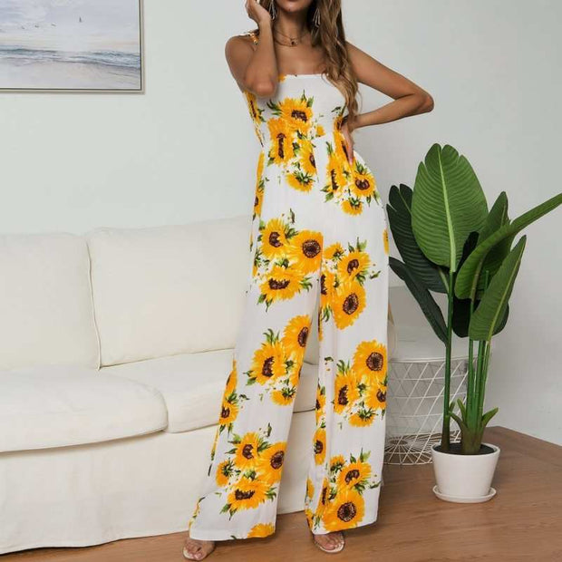 Sunflower Print Wide-Leg Jumpsuits | Summer Sleeveless Floral Rompers
 Product information:
 


 Style: sexy, commuting
 
 Pattern: Zebra pattern
 
 Main fabric composition: bamboo fiber
 
 The content of main fabric ingredients: 10%-JSAAS Merch DesignDesigns by SAASSunflower Print Wide-Leg Jumpsuits