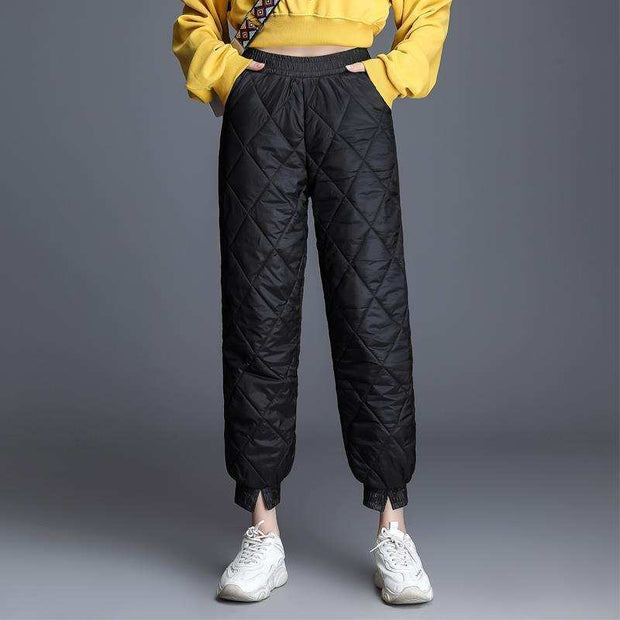Down cotton trousers for women
 Fabric name: Mercerized cotton
 
 Main fabric composition: Polyester fiber (polyester)
 
 Content of main fabric composition: 71-80%
 
 Stuffing: White duck down
 hSAAS Merch DesignDesigns by SAAScotton trousers
