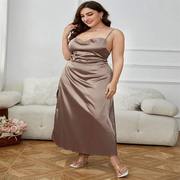 Plus Size Sling Dress Dress
 Product information:
 
 Pattern: solid color
 
 Skirt type: A- line skirt
 
 Color: GST69M-LightBrown
 
 Waist Type: Mid waist
 
 Size: 1XL,2XL,3XL,4XL
 
 Style ty0Designs by SAASDesigns by SAASSize Sling Dress Dress