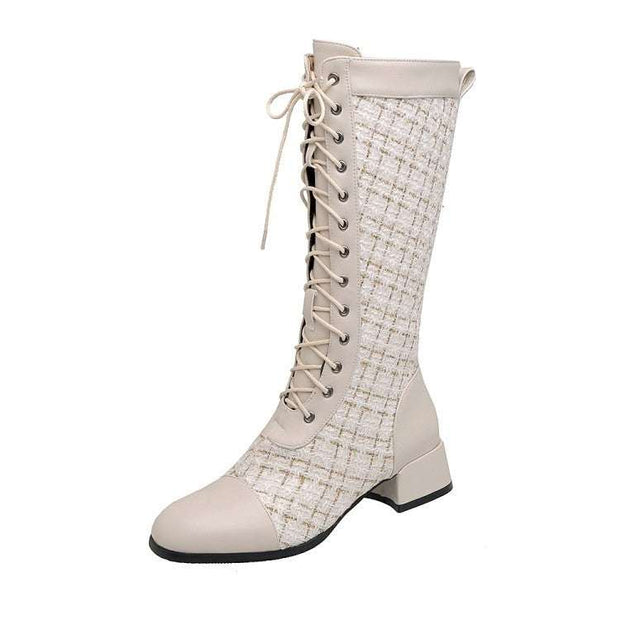 Spliced Lace-up High Boots For Women
 Product Information:
 
 Product Category: Doc Martens Boots
 
 Upper material: artificial PU
 
 Style: European and American
 
 Popular boot style: Knight boot
 
 BSAAS Merch DesignDesigns by SAASSpliced Lace-