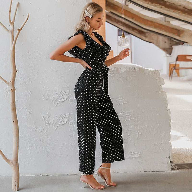 Polka Dot Cap Sleeve Jumpsuit | Retro-Inspired V-Neck Wide-Leg OutfitItem details:

 Pattern Type :  
 Dot


 Material :  
 Polyester


 Style :  
 High Street


 Decoration :  
 Ruffles


 Type of convenience :  
 Bulk


 Gender :  
JSAAS Merch DesignDesigns by SAASPolka Dot Cap Sleeve Jumpsuit