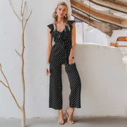 Polka Dot Cap Sleeve Jumpsuit | Retro-Inspired V-Neck Wide-Leg OutfitItem details:

 Pattern Type :  
 Dot


 Material :  
 Polyester


 Style :  
 High Street


 Decoration :  
 Ruffles


 Type of convenience :  
 Bulk


 Gender :  
JSAAS Merch DesignDesigns by SAASPolka Dot Cap Sleeve Jumpsuit