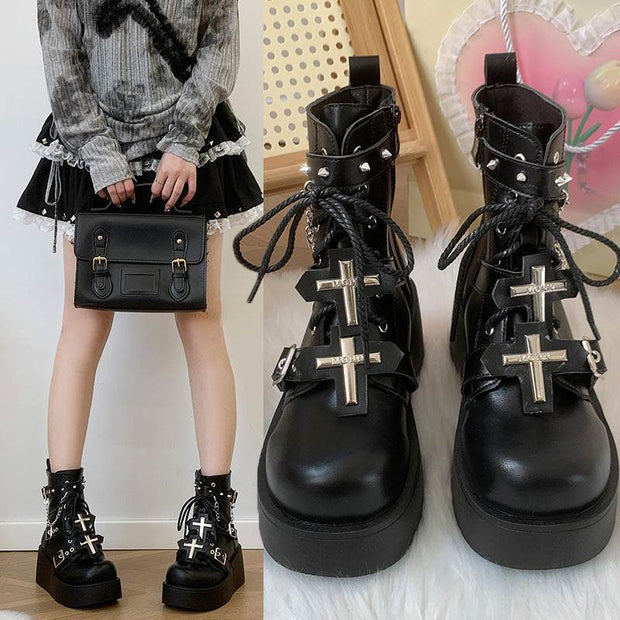 Black For Women Punk Platform Martin Boots
 Product information:
 
 Lining material: cloth
 
 Color: Black
 
 Heel height: high heels (6-8CM)
 
 Heel shape: English muffin bottom
 
 Size: 35, 36, 37, 38, 39,BSAAS Merch DesignDesigns by SAASWomen Punk Platform Martin Boots