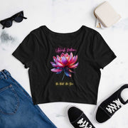 "Women's Lotus Bloom Crop Top Tee - Black Short-Sleeved Graphic T-ShirDiscover the perfect blend of style and serenity with our Women's Lotus Bloom Crop Top Tee. This chic black crop tee showcases a stunning graphic of a lotus flower iDesigns by SAASDesigns by SAAS"Women'